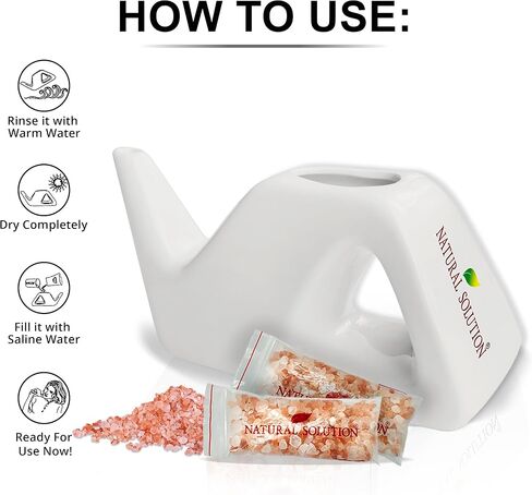 Natural Solution Ceramic Neti Pot, Congestion Relief Filled with 100% Natural Pink Himalayan Salt, Refillable for Breathing Difficulties & Allergy Relief in Kuwait