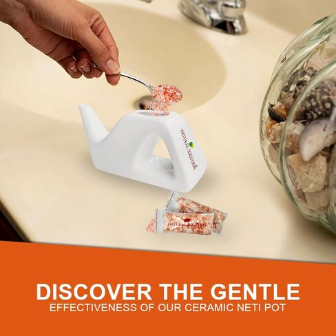 Natural Solution Ceramic Neti Pot, Congestion Relief Filled with 100% Natural Pink Himalayan Salt, Refillable for Breathing Difficulties & Allergy Relief in Kuwait