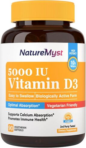 NatureMyst Vitamin D3, 5000 IU, High Potency, Vegetarian Friendly, Highly Absorbable, Bone, Muscle & Immune Health, 90 Softgels in Kuwait