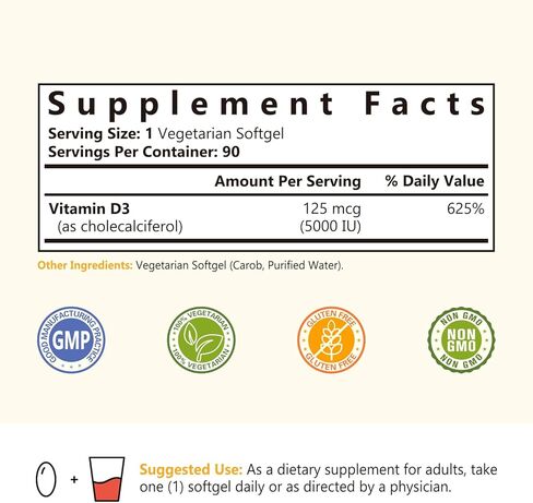 NatureMyst Vitamin D3, 5000 IU, High Potency, Vegetarian Friendly, Highly Absorbable, Bone, Muscle & Immune Health, 90 Softgels in Kuwait