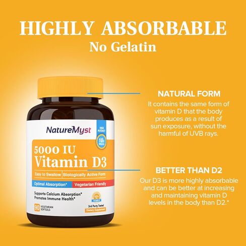 NatureMyst Vitamin D3, 5000 IU, High Potency, Vegetarian Friendly, Highly Absorbable, Bone, Muscle & Immune Health, 90 Softgels in Kuwait