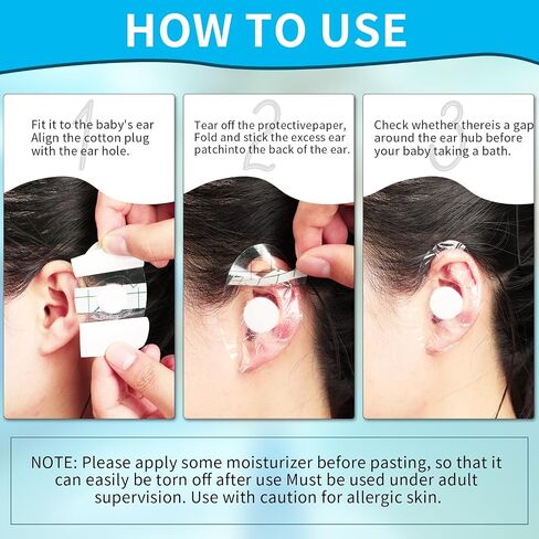 60 Pcs Baby Waterproof Ear Stickers Clear Disposable Ear Covers with Ear Plugs, Baby Ear Protection for Bath, Ear Shower Caps for Shower Surfing Snorkeling and Other Water Sports(White) in Saudi Arabia