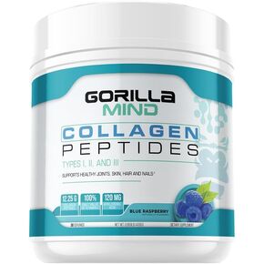 Gorilla Mind Collagen Peptides Powder - Joint & Bone Health/Great for Hair, Skin & Nails/Sleep Support/Types I, II, III/Mix in Water, Juice or a Smoothie - 435g (Blue Raspberry)