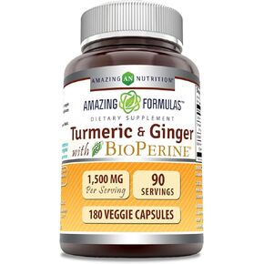 Amazing Formulas Turmeric Curcumin & Ginger with BioPerine Supplement | 1500 Mg Per Serving | 180 Veggie Capsules | Non-GMO | Gluten Free | Made in USA | Ideal for Vegetarians in Kuwait