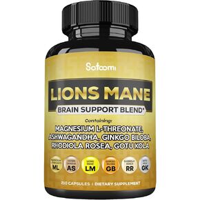 Lions Mane Supplement Capsules with Magnesium L-Threonate, Ashwagandha Root, Ginkgo Biloba, Rhodiola Rosea and Gotu Kola - 210 Vegan Capsules - Support Brain Health, Positive Mood & Energy Production