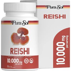 Pura Sol Reishi Mushroom Capsules 10,000 mg - 10:1 Ganoderma Powder Extract Supplement- Longevity, Boost Immune System, Support Heart Health, Manage Mood and Stress - Gluten Free & Vegan 60 Capsules in Kuwait