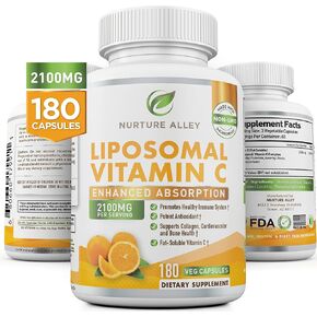 Nurture Alley Liposomal Vitamin C 2100mg- 180 Capsules High Absorption Ascorbic Acid - Supports Immune System and Collagen Booster - Powerful Antioxidant High Dose Fat Soluble Supplement in Saudi Arabia