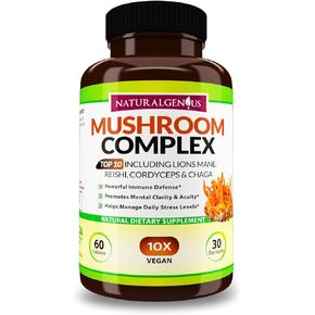 Natural Genius Top 10 Mushroom Extracts - White Button, Lions Mane, Cordyceps, Chaga, Reishi Plus - Immune Booster, Nootropic in Saudi Arabia