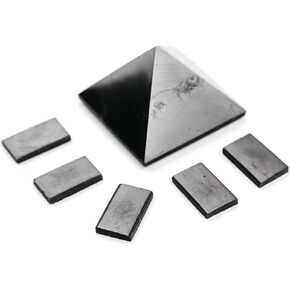 KARELIANMASTERS Shungite Stone Pyramid and Stickers Set (1.6 inch + 5 Plates) | for Cell Mobile Phone, Tablet, Laptop | Crystal Healing Protection for Home & Office (with Round Stickers)
