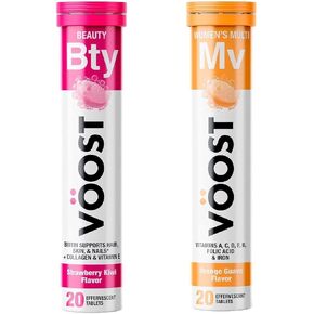 قرص مشروب فيتامين فوار من فوست بيوتي، للشعر والبشرة والأظافر مع الكولاجين والفراولة والكيوي، 20 قيراطًا + قرص مشروب فيتامين فوار متعدد الفيتامينات للسيدات من فووست، جوافة برتقالية، 20 قيراطًا in Kuwait