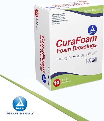 Dynarex 3012 CuraFoam تلبيس إسفنجي، غير محدد، معقم، يوفر رعاية مبطنة ورطبة للجروح، 4 بوصة × 4.25 بوصة، عبوة من 10 قطع in Saudi Arabia
