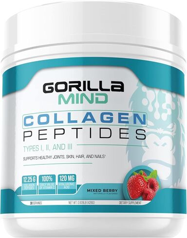 Gorilla Mind Collagen Peptides Powder - Joint & Bone Health/Great for Hair, Skin & Nails/Sleep Support/Types I, II, III/Mix in Water, Juice or a Smoothie - 435g (Blue Raspberry) in Saudi Arabia