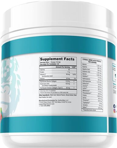Gorilla Mind Collagen Peptides Powder - Joint & Bone Health/Great for Hair, Skin & Nails/Sleep Support/Types I, II, III/Mix in Water, Juice or a Smoothie - 435g (Blue Raspberry) in Saudi Arabia