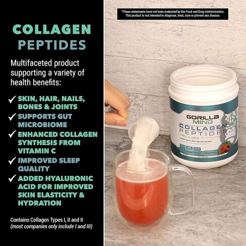 Gorilla Mind Collagen Peptides Powder - Joint & Bone Health/Great for Hair, Skin & Nails/Sleep Support/Types I, II, III/Mix in Water, Juice or a Smoothie - 435g (Blue Raspberry) in Saudi Arabia