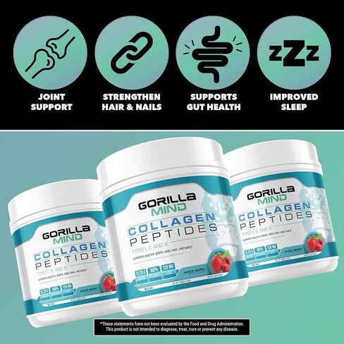 Gorilla Mind Collagen Peptides Powder - Joint & Bone Health/Great for Hair, Skin & Nails/Sleep Support/Types I, II, III/Mix in Water, Juice or a Smoothie - 435g (Blue Raspberry) in Saudi Arabia