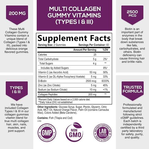 Collagen Gummies with Biotin - Hydrolyzed Collagen Peptides Supplement Types I and III - Support for Hair, Skin, Nails, and Joints - Gluten Free and Non-Gmo - Orange Gummy Vitamins - 120 Capsules in Kuwait