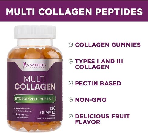 Collagen Gummies with Biotin - Hydrolyzed Collagen Peptides Supplement Types I and III - Support for Hair, Skin, Nails, and Joints - Gluten Free and Non-Gmo - Orange Gummy Vitamins - 120 Capsules in Kuwait