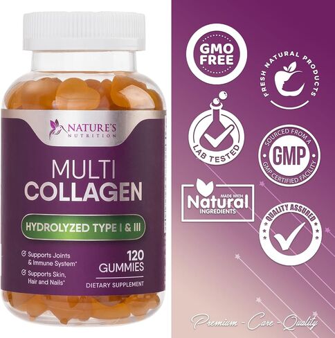 Collagen Gummies with Biotin - Hydrolyzed Collagen Peptides Supplement Types I and III - Support for Hair, Skin, Nails, and Joints - Gluten Free and Non-Gmo - Orange Gummy Vitamins - 120 Capsules in Kuwait