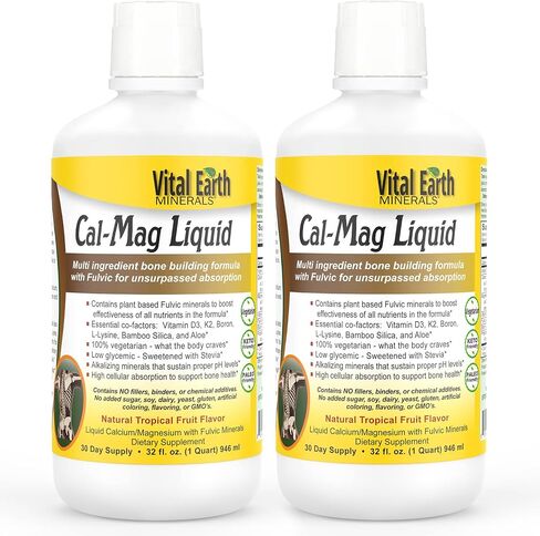 Vital Earth Minerals Cal-Mag Supplement Liquid - Calcium Magnesium Liquid Bone Support Supplement with Energizing/Balancing Fulvic Acid Minerals, Vitamin D3 and Vitamin K, 32 Fl Oz (Pack of 2) in Saudi Arabia