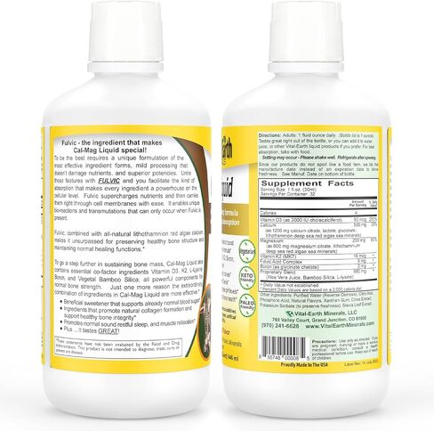 Vital Earth Minerals Cal-Mag Supplement Liquid - Calcium Magnesium Liquid Bone Support Supplement with Energizing/Balancing Fulvic Acid Minerals, Vitamin D3 and Vitamin K, 32 Fl Oz (Pack of 2) in Saudi Arabia