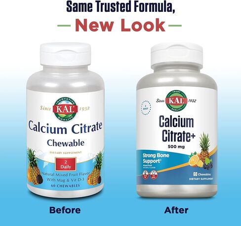 KAL® Calcium Citrate Chewable 500mg w/ Magnesium & Vitamin D-3 | for Bones, Teeth, Nerve & Muscle Support | Natural Mixed Fruit Flavor | 60 Chewables in Saudi Arabia
