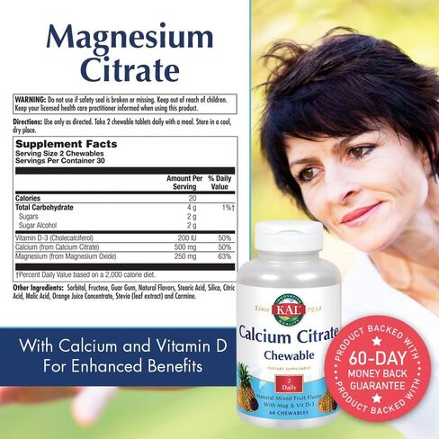 KAL® Calcium Citrate Chewable 500mg w/ Magnesium & Vitamin D-3 | for Bones, Teeth, Nerve & Muscle Support | Natural Mixed Fruit Flavor | 60 Chewables in Saudi Arabia
