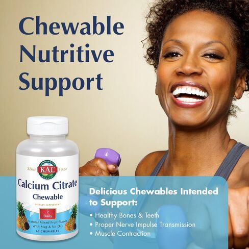 KAL® Calcium Citrate Chewable 500mg w/ Magnesium & Vitamin D-3 | for Bones, Teeth, Nerve & Muscle Support | Natural Mixed Fruit Flavor | 60 Chewables in Saudi Arabia