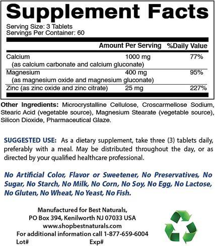 رقم 1 CAL MAG ZINC من Best Naturals - مركب معدني أساسي - تم تصنيعه في منشأة معتمدة من GMP مقرها الولايات المتحدة الأمريكية وتم اختبار نقائه من قبل طرف ثالث. مضمون!!, 180 قرصًا in Saudi Arabia