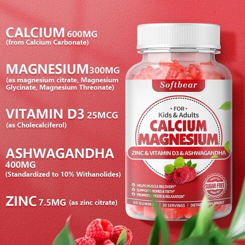 Calcium Magnesium Zinc Gummies, Sugar Free Calcium Supplement for Women Men, High Absorption Calcium with Vitamin D3 Gummies for Bone & Muscle & Nerve Health, Vegan Raspberry Flavor - 60 Count in Kuwait