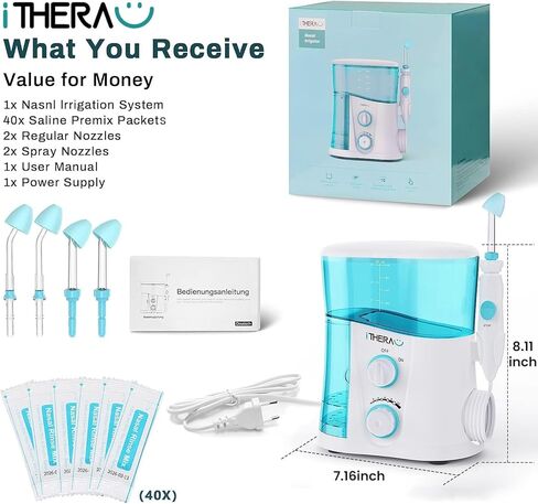 iTHERAU Nasal Irrigator Sinus Rinse Bundle, Strong Power Nose Cleaner for Sinus Relief 4 Nose Cleaning Tips with 40 SaltPods in Kuwait