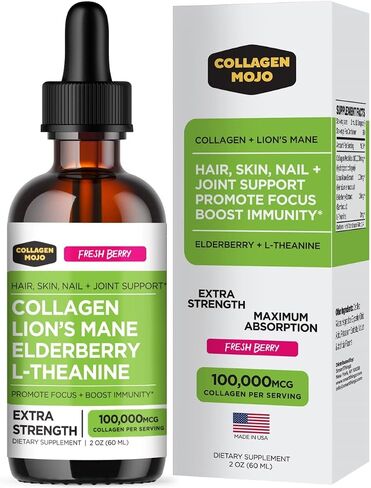 Collagen Mojo Liquid Collagen Peptides with Lions Mane Mushroom, Elderberry & L-Theanine – High Potency/Absorption Formula. Hair, Skin, Nail + Joint Support. Promote Focus & Boost Immunity 2 Oz. in Saudi Arabia