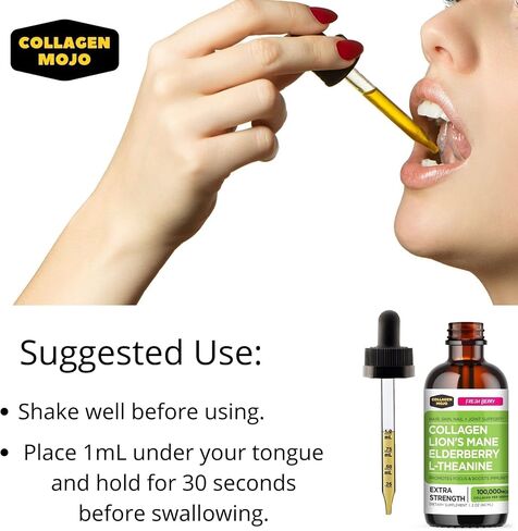 Collagen Mojo Liquid Collagen Peptides with Lions Mane Mushroom, Elderberry & L-Theanine – High Potency/Absorption Formula. Hair, Skin, Nail + Joint Support. Promote Focus & Boost Immunity 2 Oz. in Saudi Arabia
