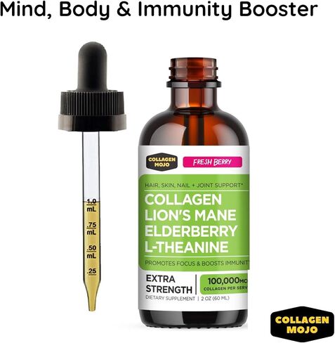 Collagen Mojo Liquid Collagen Peptides with Lions Mane Mushroom, Elderberry & L-Theanine – High Potency/Absorption Formula. Hair, Skin, Nail + Joint Support. Promote Focus & Boost Immunity 2 Oz. in Saudi Arabia
