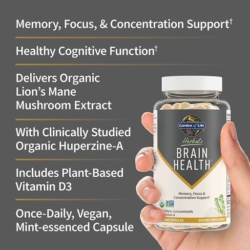 مكمل صحة الدماغ من Garden of Life Herbals مع عرف الأسد العضوي، والكركم وفيتامين D3 للذاكرة والتركيز والتركيز ووظيفة الدماغ الصحية، خالي من الغلوتين غير المعدل وراثيًا، نكهة النعناع، ​​30 وجبة in Saudi Arabia
