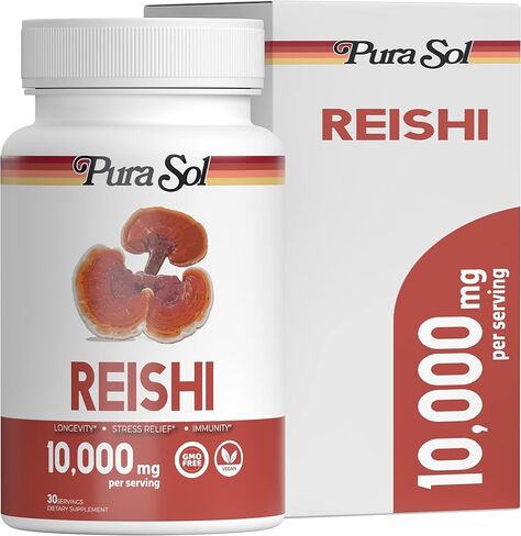 Pura Sol Reishi Mushroom Capsules 10,000 mg - 10:1 Ganoderma Powder Extract Supplement- Longevity, Boost Immune System, Support Heart Health, Manage Mood and Stress - Gluten Free & Vegan 60 Capsules in Kuwait