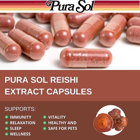 Pura Sol Reishi Mushroom Capsules 10,000 mg - 10:1 Ganoderma Powder Extract Supplement- Longevity, Boost Immune System, Support Heart Health, Manage Mood and Stress - Gluten Free & Vegan 60 Capsules in Kuwait