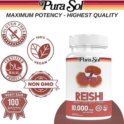 Pura Sol Reishi Mushroom Capsules 10,000 mg - 10:1 Ganoderma Powder Extract Supplement- Longevity, Boost Immune System, Support Heart Health, Manage Mood and Stress - Gluten Free & Vegan 60 Capsules in Kuwait