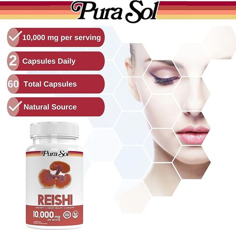 Pura Sol Reishi Mushroom Capsules 10,000 mg - 10:1 Ganoderma Powder Extract Supplement- Longevity, Boost Immune System, Support Heart Health, Manage Mood and Stress - Gluten Free & Vegan 60 Capsules in Kuwait