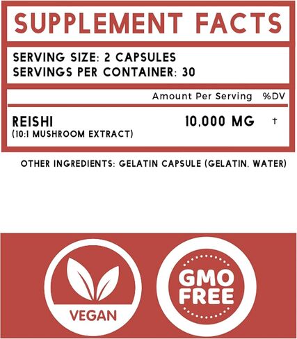 Pura Sol Reishi Mushroom Capsules 10,000 mg - 10:1 Ganoderma Powder Extract Supplement- Longevity, Boost Immune System, Support Heart Health, Manage Mood and Stress - Gluten Free & Vegan 60 Capsules in Kuwait