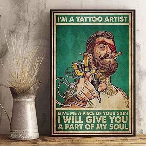 Funny Metal Tin Sign I'M A Tattoo Artist Give Me A Piece You Skin I Will Give You A Part Of My Soul Retro Poster Tattoo Shop Bar Living Room Room Kitchen Bathroom Home Art Wall Decoration Plaque in Saudi Arabia