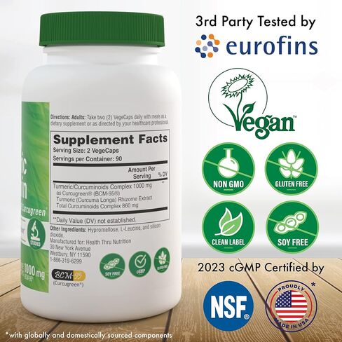 Health Thru Nutrition Turmeric Curcumin Complex 500mg | as BCM-95 Curcugreen Clinically Studied | Vegan Certified | (NON-GMO and Hypoallergenic (pack of 60) in Kuwait