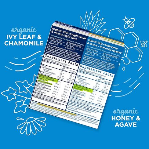 شراب السعال والمخاط العضوي من Mommy's Bliss للأطفال، حزمة كومبو ليلا ونهارا مع فيتامين C ودعم المناعة، تحتوي على العسل العضوي وأوراق اللبلاب، 118 مل (عبوة من قطعتين) in Kuwait