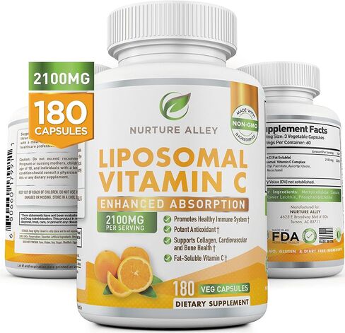 Nurture Alley Liposomal Vitamin C 2100mg- 180 Capsules High Absorption Ascorbic Acid - Supports Immune System and Collagen Booster - Powerful Antioxidant High Dose Fat Soluble Supplement in Saudi Arabia
