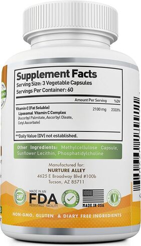 Nurture Alley Liposomal Vitamin C 2100mg- 180 Capsules High Absorption Ascorbic Acid - Supports Immune System and Collagen Booster - Powerful Antioxidant High Dose Fat Soluble Supplement in Saudi Arabia