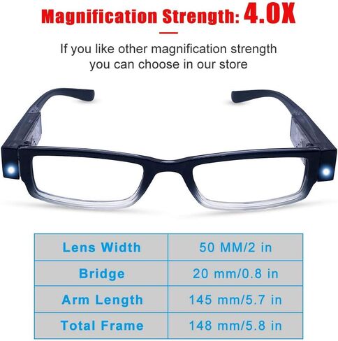 DuanMei Reading Glasses with Light Magnifying Glasses with Light Led Magnifier Eyeglasses Nighttime Reader Frame Eyewear+4.0 in Saudi Arabia