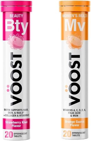 قرص مشروب فيتامين فوار من فوست بيوتي، للشعر والبشرة والأظافر مع الكولاجين والفراولة والكيوي، 20 قيراطًا + قرص مشروب فيتامين فوار متعدد الفيتامينات للسيدات من فووست، جوافة برتقالية، 20 قيراطًا in Kuwait