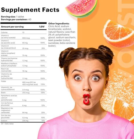 قرص مشروب فيتامين فوار من فوست بيوتي، للشعر والبشرة والأظافر مع الكولاجين والفراولة والكيوي، 20 قيراطًا + قرص مشروب فيتامين فوار متعدد الفيتامينات للسيدات من فووست، جوافة برتقالية، 20 قيراطًا in Kuwait