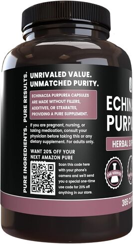 PURE ORIGINAL INGREDIENTS Echinacea Purpurea (365 Capsules) No Magnesium Or Rice Fillers, Always Pure, Lab Verified in Saudi Arabia