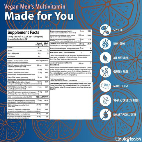 فيتامينات سائلة نباتية متعددة للرجال من LIQUIDHEALTH مع مزيج عشبي أشواغاندا للرجال البالغين - مكمل أداء يومي لدعم القدرة على التحمل والقدرة على التحمل وتدفق الدم - نباتي، غير معدّل وراثيًا، خالي من السكر (عبوتان) in Kuwait