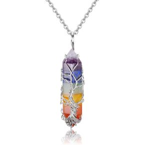 GEHECRST Healing Crystal Necklace Tree of Life Wire Wrapped Natural Quartz Crystal Stone Point Gemstone Pendant Necklace Jewelry for Women Christmas Birthday Gift